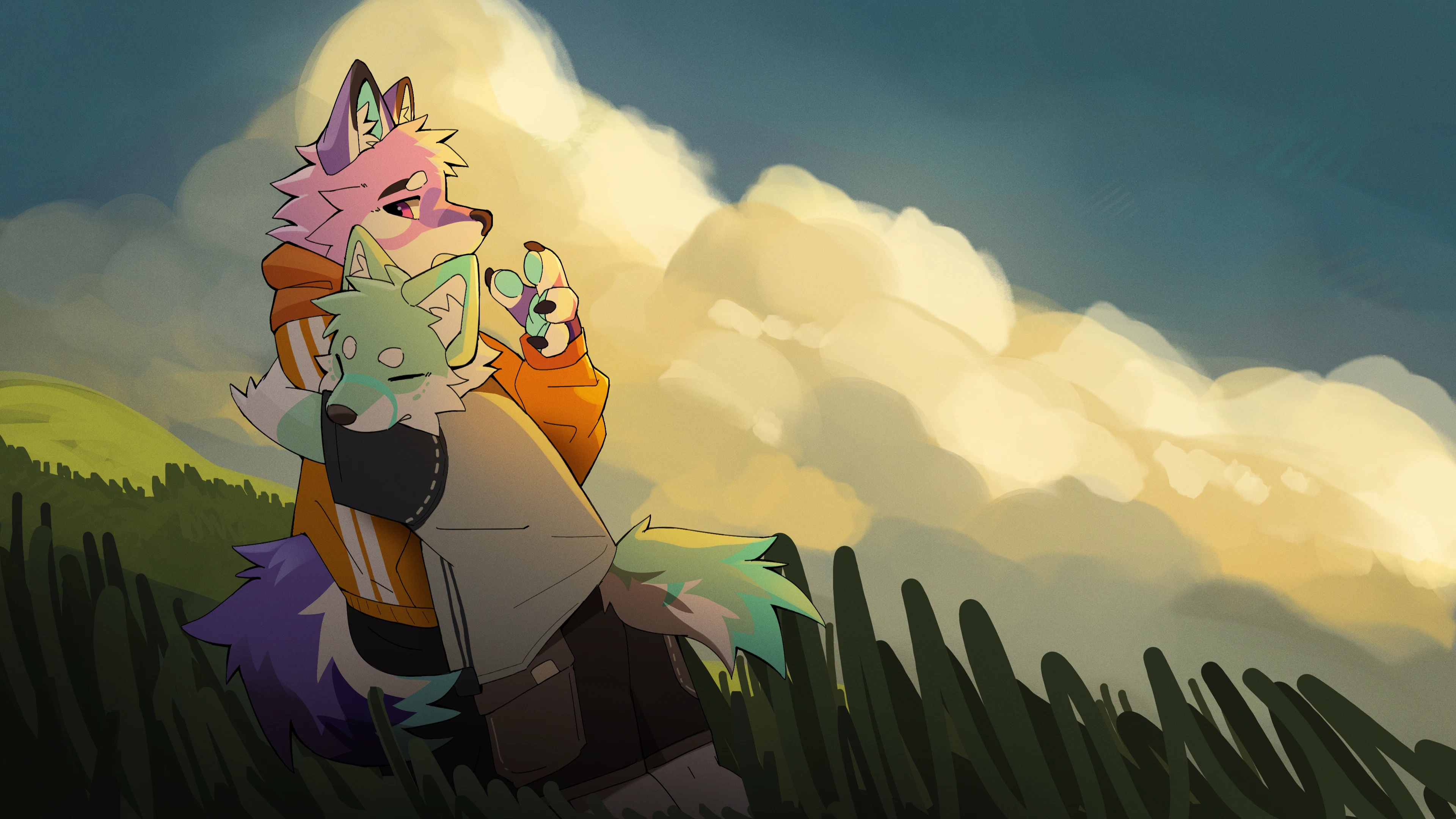 Two furry characters embracing on a grassy hillside beneath sunlit clouds.
